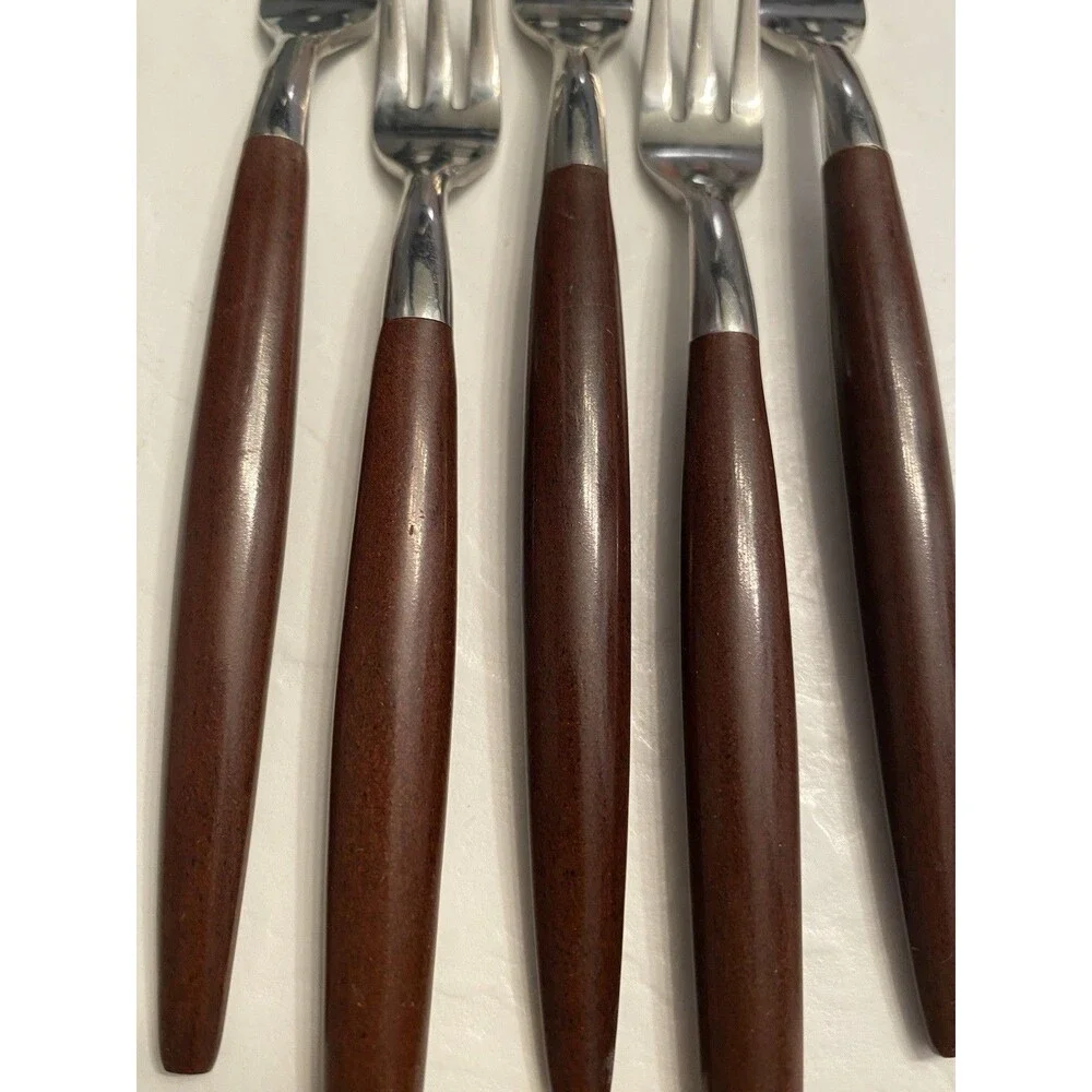 5) MCM AMERICAN TEMPO Oyster Forks Stainless Wood Handle Silverware Flatware